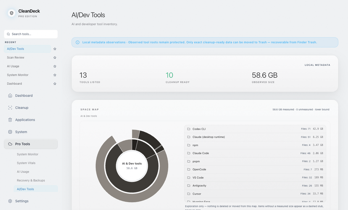 CleanDeck AI and developer tools inventory showing local tool storage and protected roots