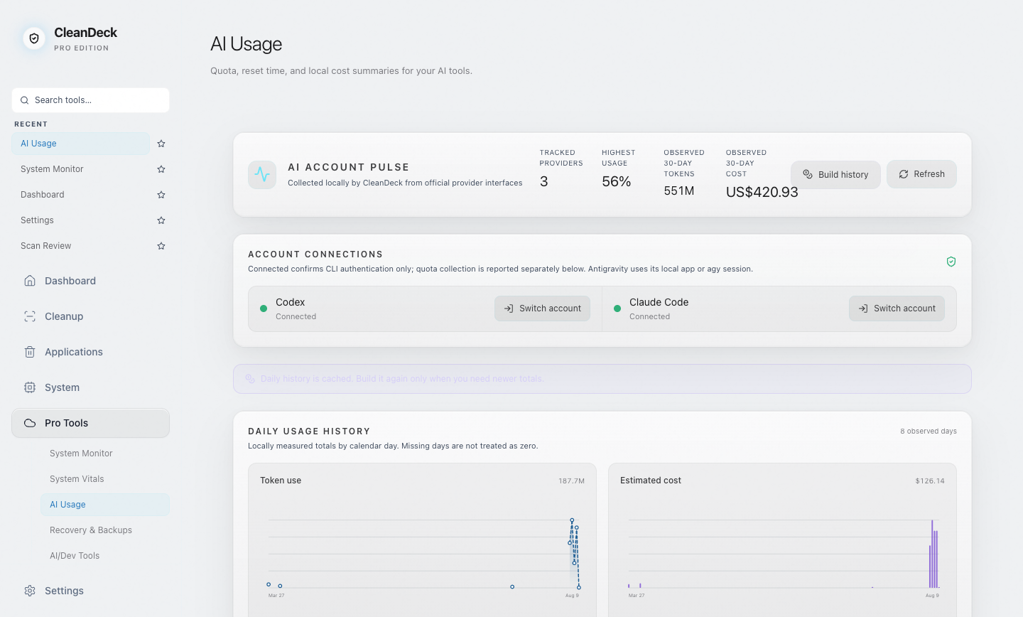 CleanDeck AI Usage — 30-day token and cost summaries for Codex and Claude Code, read from local logs