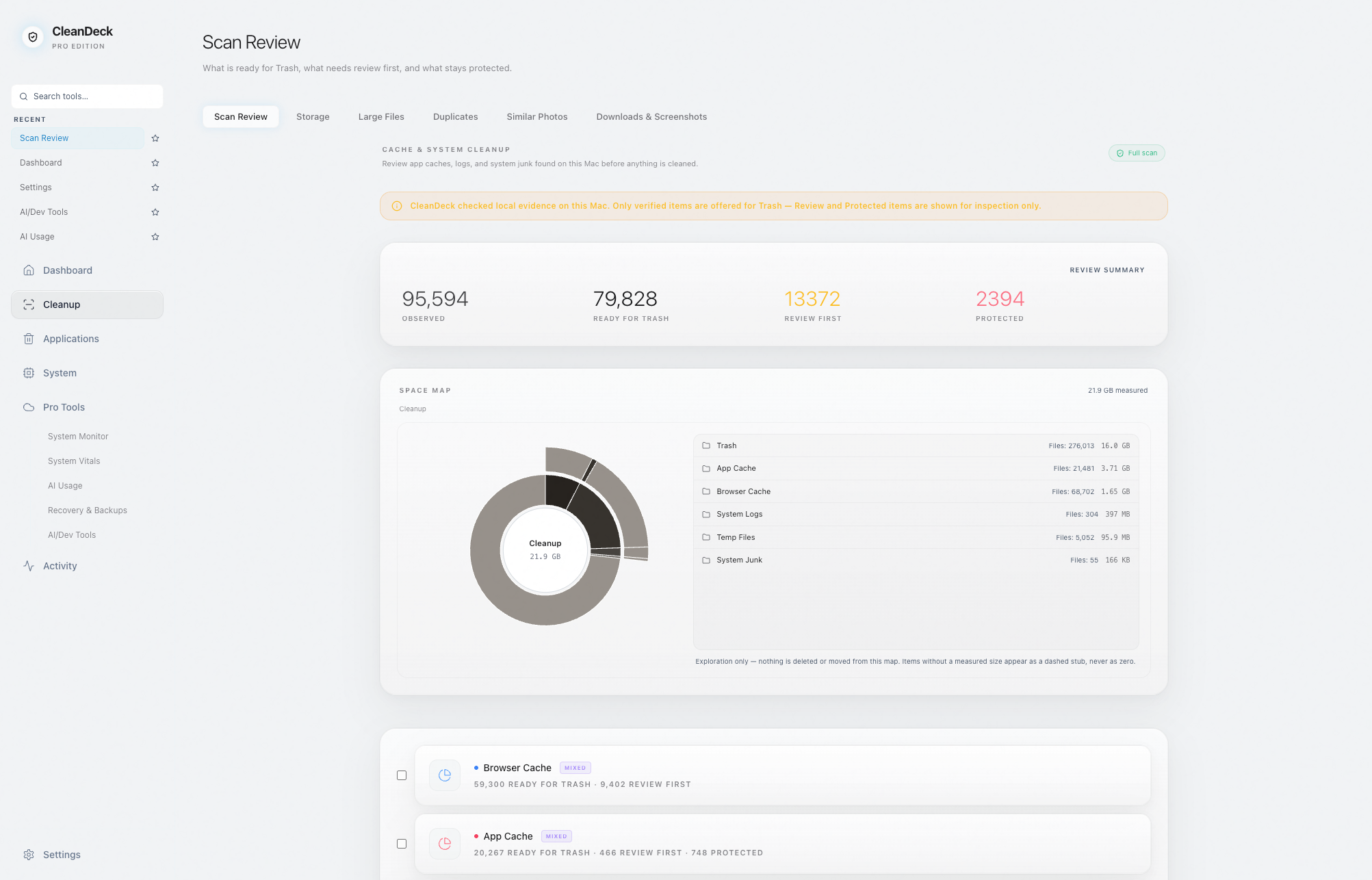 CleanDeck scan review with measured Ready, Review and Protected storage states
